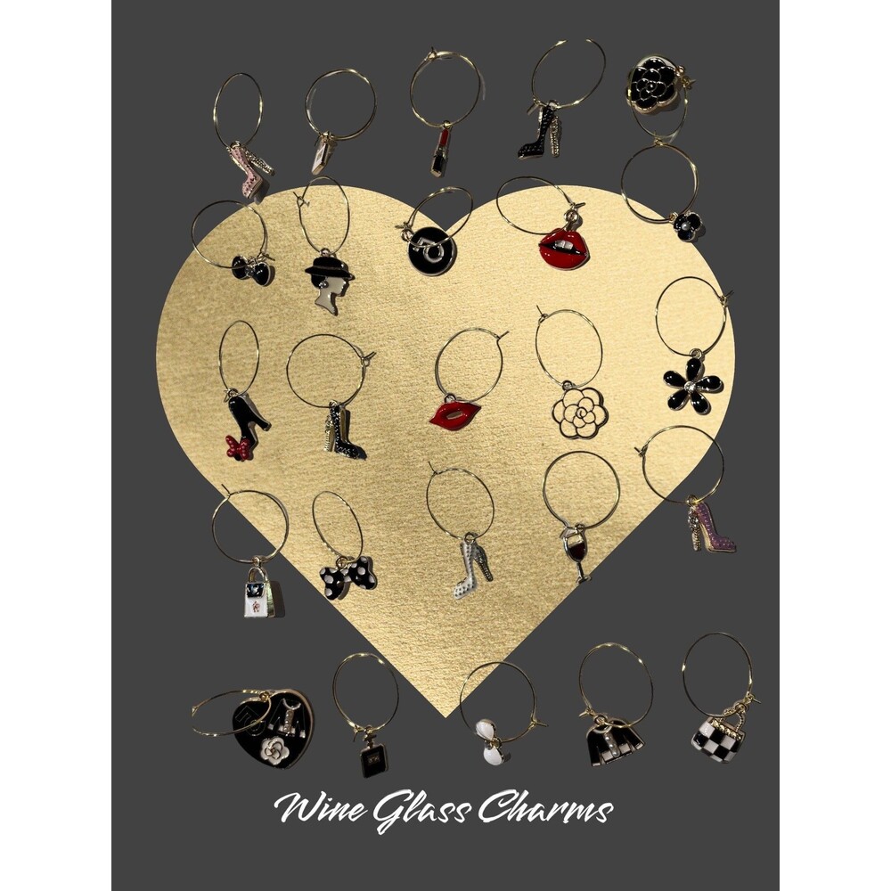 Golden Beauty and Glamour Themed Pendant Wine Glass Stemware Drink Marker Set